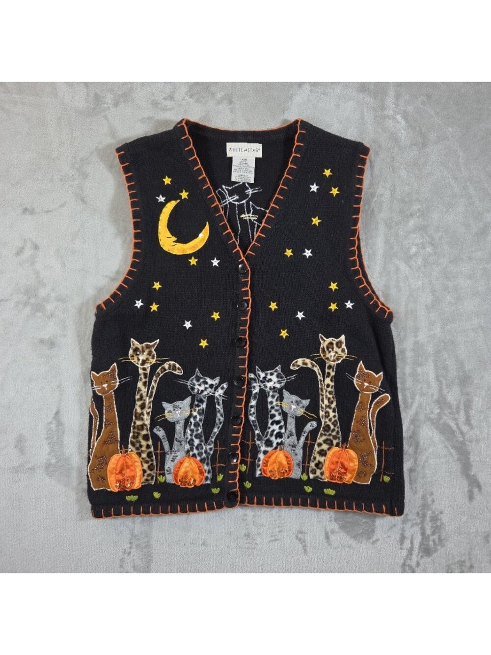 White Stag Pumpkin Vest Medium Longneck Cats Stars Moon Beaded Sequins Vintage